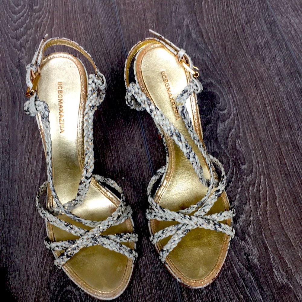 BCBG Maxazria snake skin strappy heels size 5.5